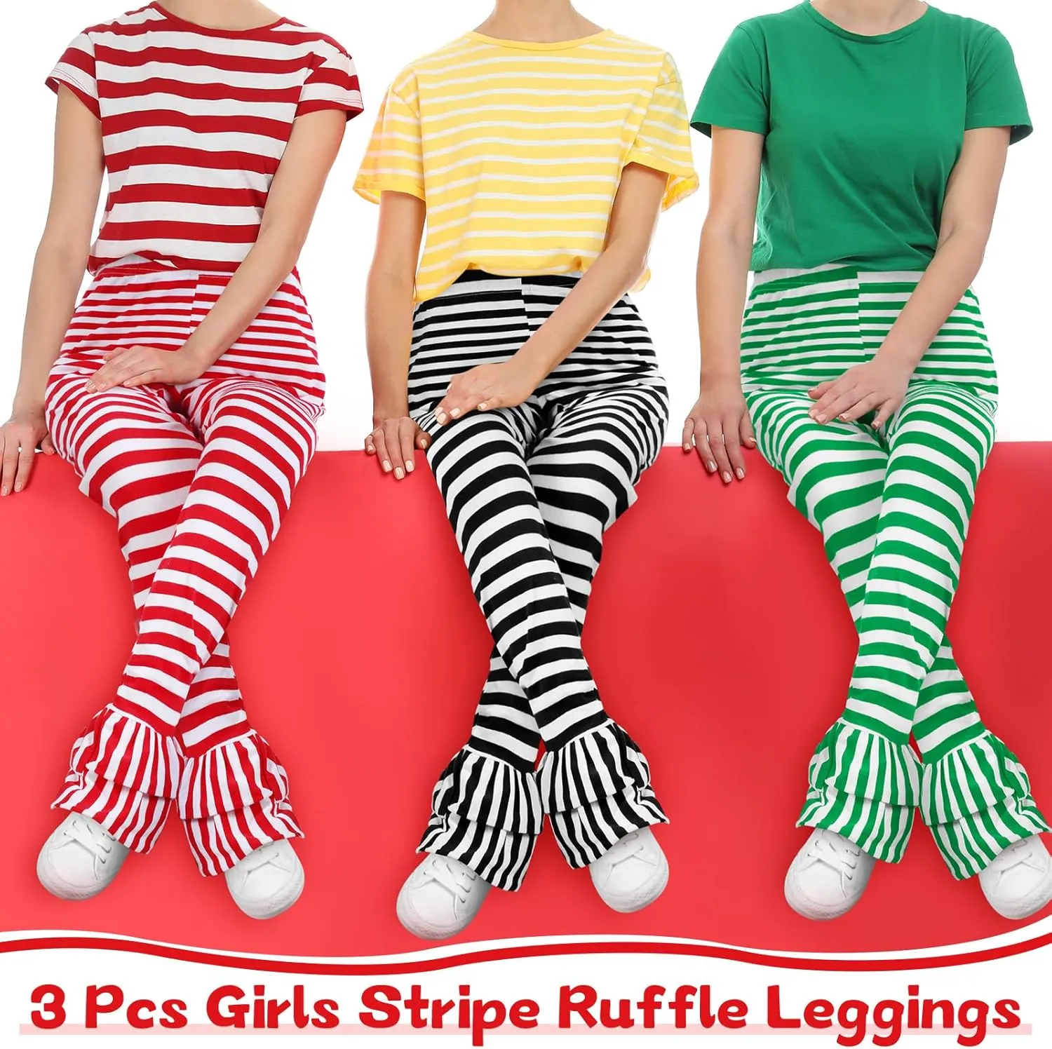 Panitay 3 Pcs Girls Christmas Leggings Christmas Pants Ruffle Flare Leggings Footless Stripe Tights for Girls Toddler