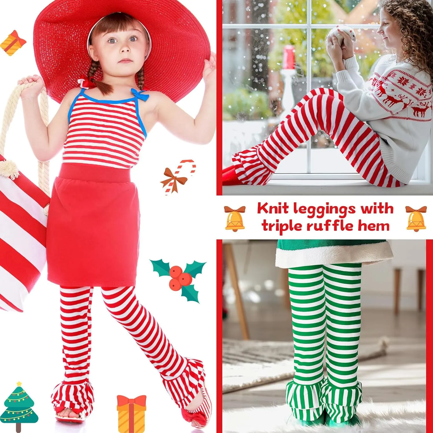 Panitay 3 Pcs Girls Christmas Leggings Christmas Pants Ruffle Flare Leggings Footless Stripe Tights for Girls Toddler