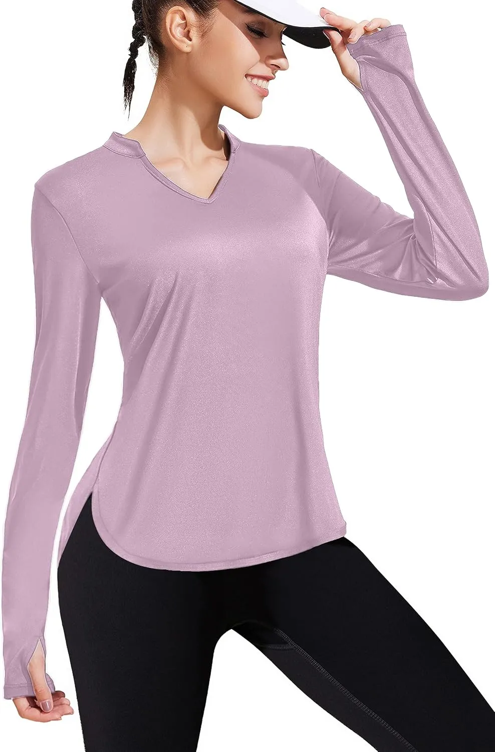 PINSPARK Women's Long Sleeve Workout Tops V Neck Athletic Yoga Shirts with Thumb Holes Quick Dry Gym Tops Loose Fit