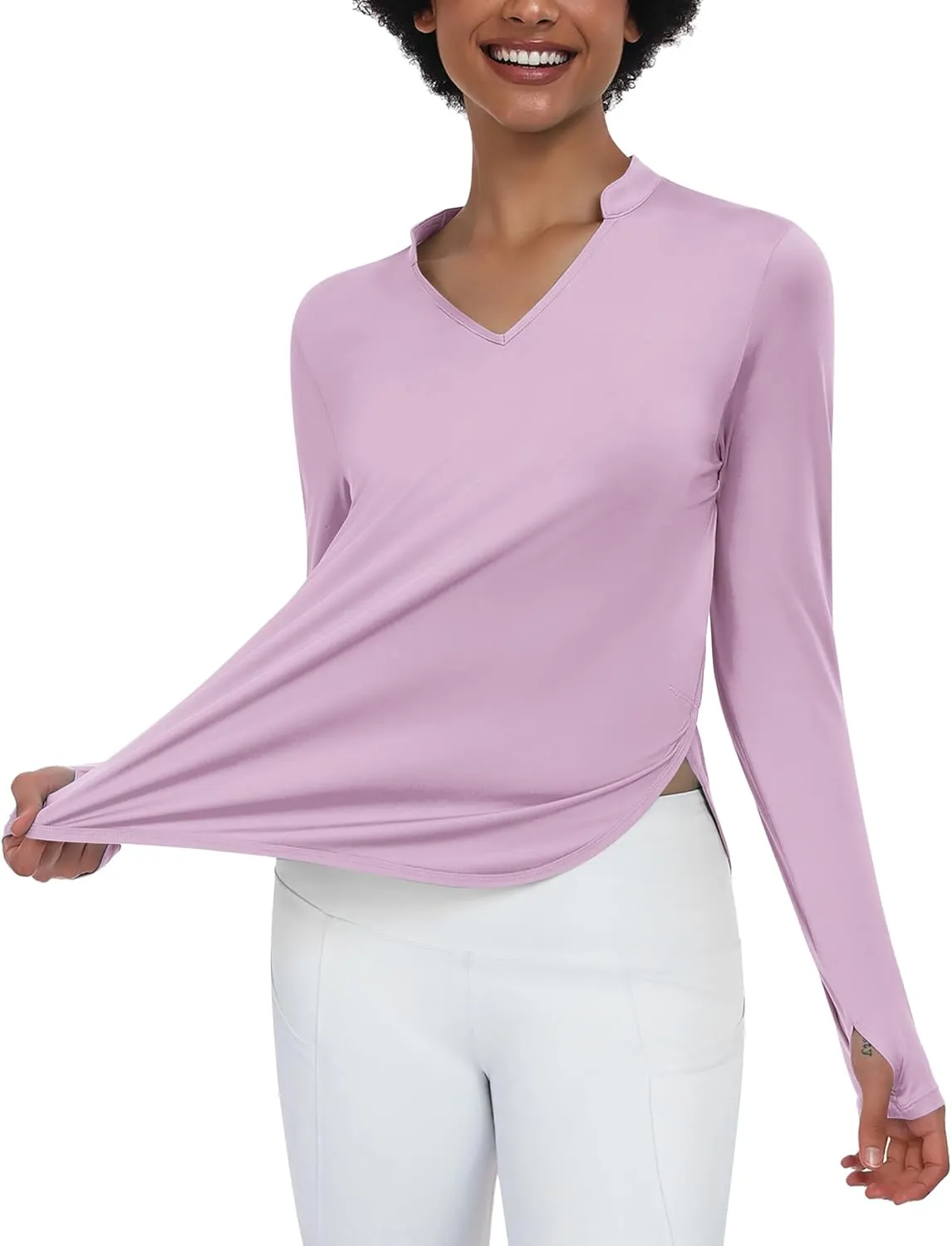 PINSPARK Women's Long Sleeve Workout Tops V Neck Athletic Yoga Shirts with Thumb Holes Quick Dry Gym Tops Loose Fit