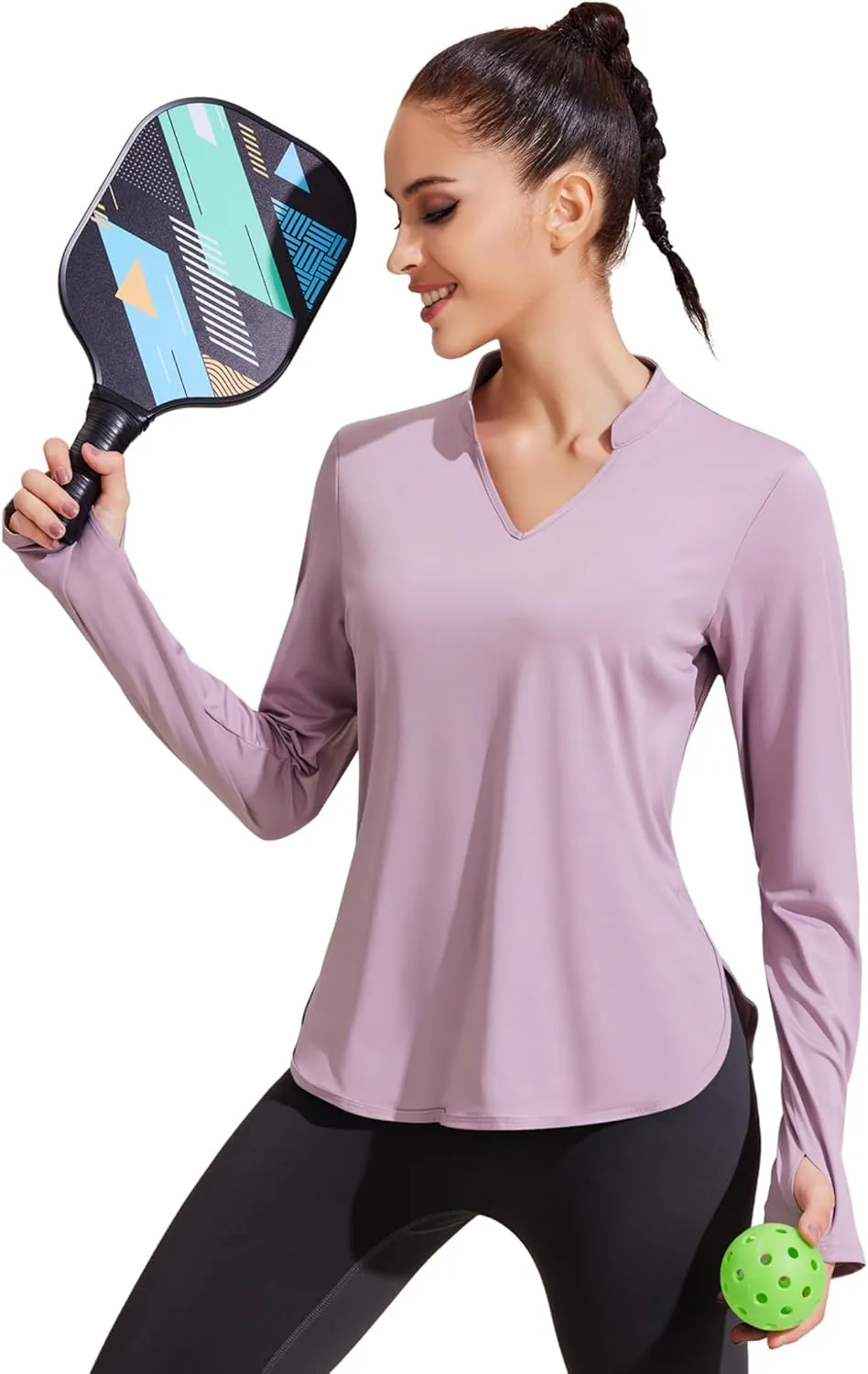 PINSPARK Women's Long Sleeve Workout Tops V Neck Athletic Yoga Shirts with Thumb Holes Quick Dry Gym Tops Loose Fit