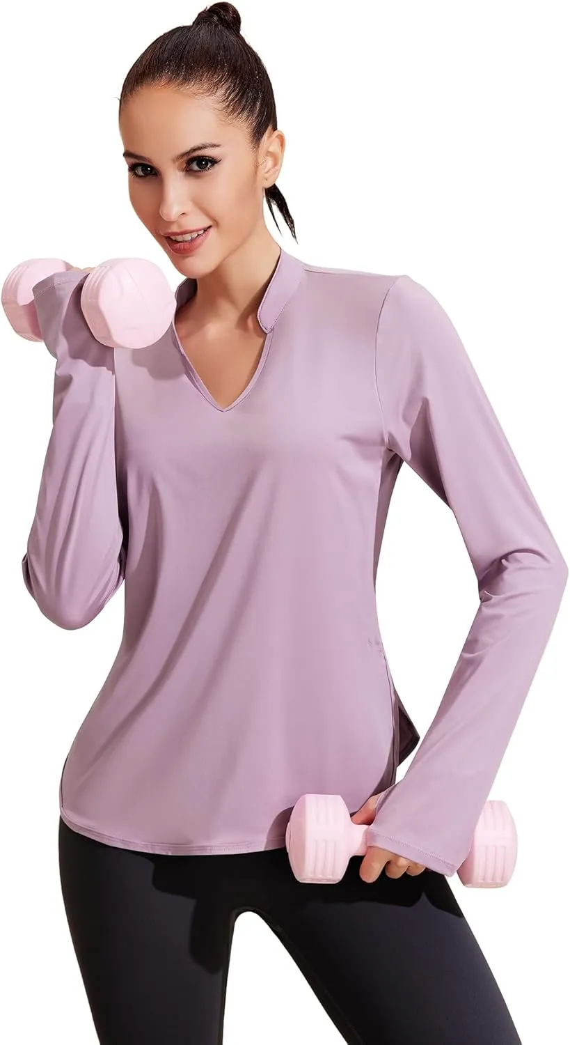 PINSPARK Women's Long Sleeve Workout Tops V Neck Athletic Yoga Shirts with Thumb Holes Quick Dry Gym Tops Loose Fit