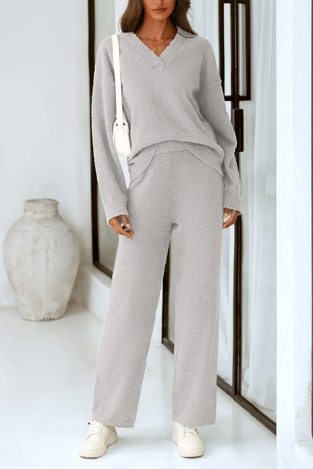 PRETTYGARDEN Women's 2 Piece Pullover Sweater Set Oversized V Neck Top Wide Leg Pants Fall Winter Fuzzy Lounge Outfit
