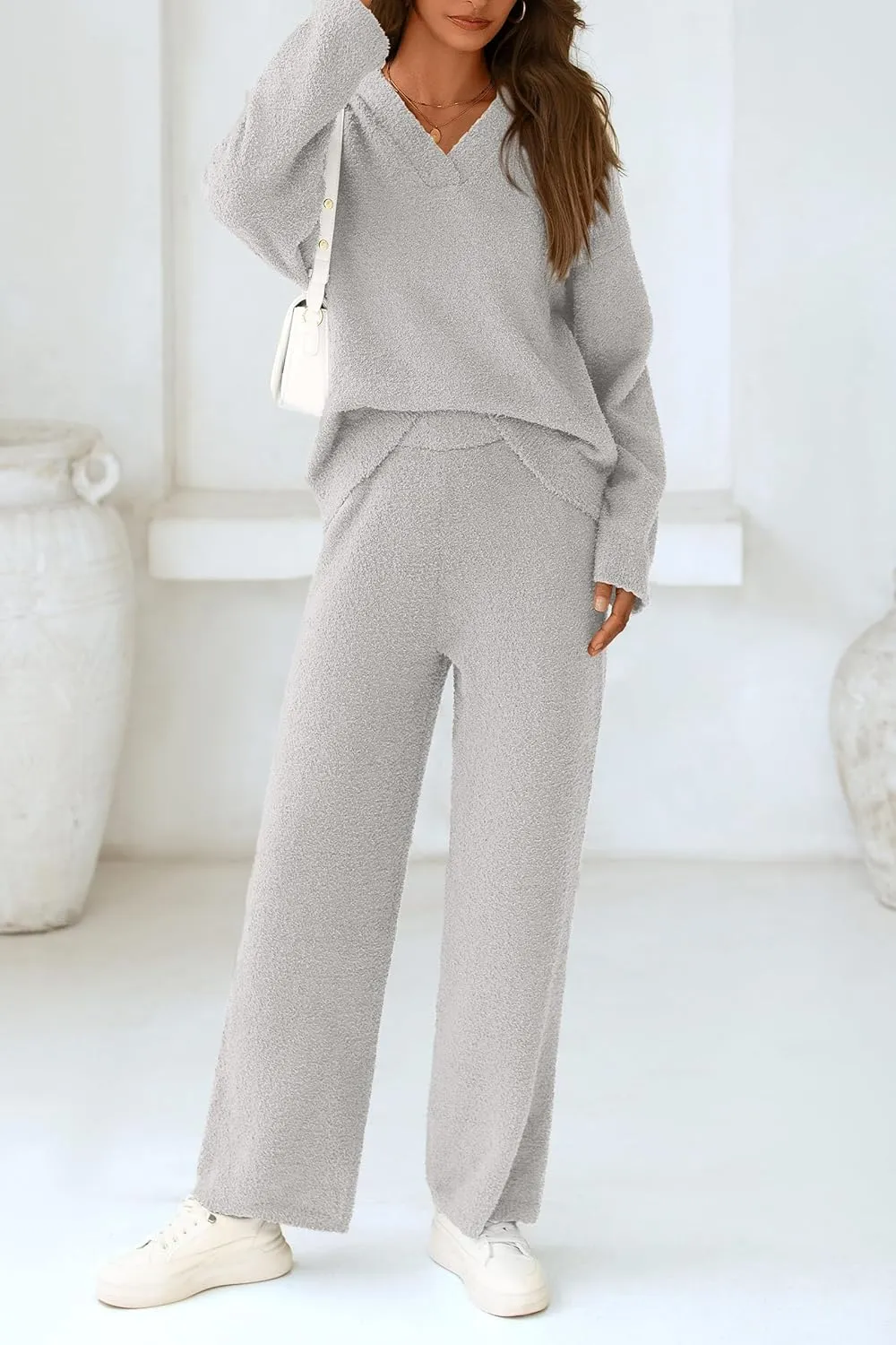 PRETTYGARDEN Women's 2 Piece Pullover Sweater Set Oversized V Neck Top Wide Leg Pants Fall Winter Fuzzy Lounge Outfit