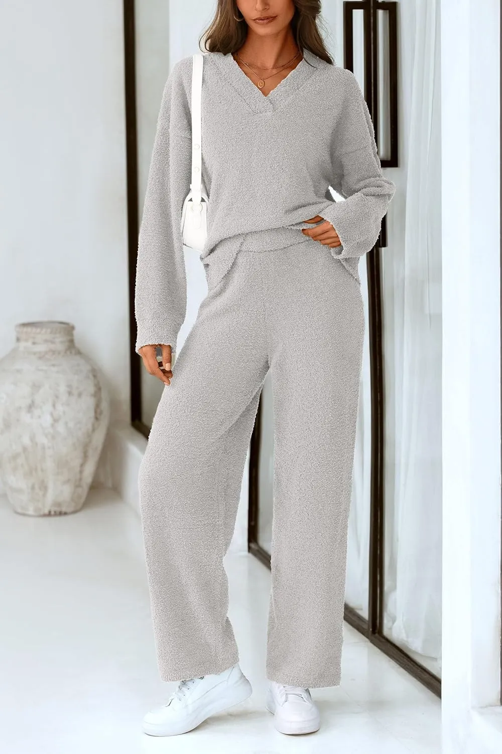 PRETTYGARDEN Women's 2 Piece Pullover Sweater Set Oversized V Neck Top Wide Leg Pants Fall Winter Fuzzy Lounge Outfit