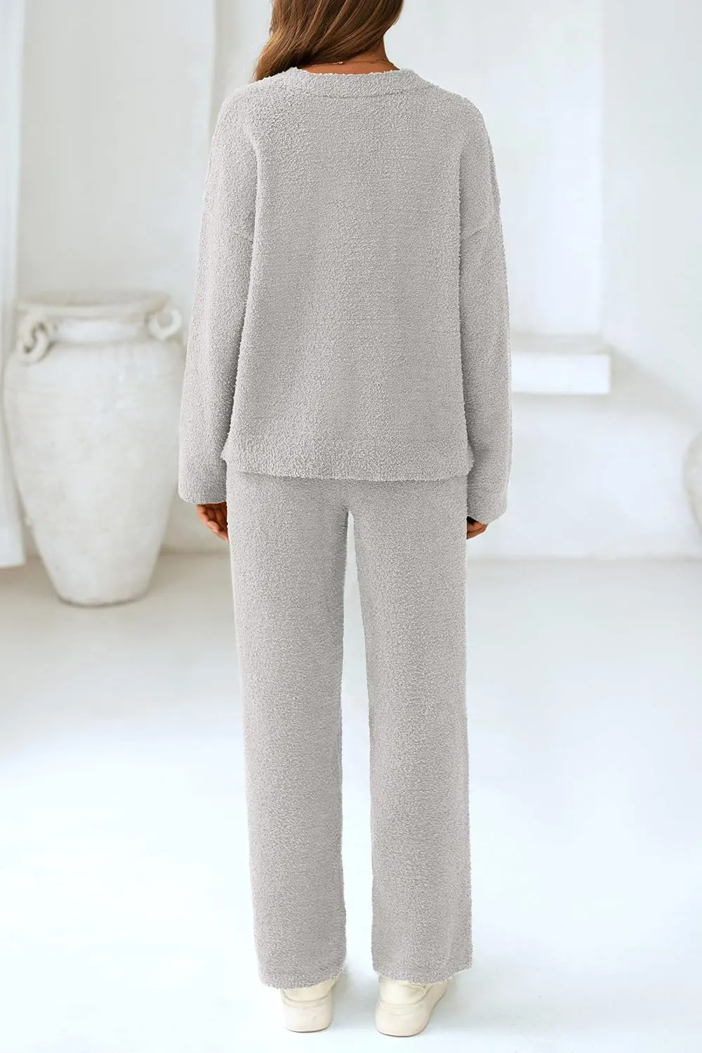 PRETTYGARDEN Women's 2 Piece Pullover Sweater Set Oversized V Neck Top Wide Leg Pants Fall Winter Fuzzy Lounge Outfit