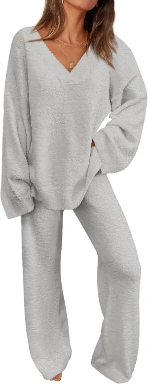 PRETTYGARDEN Women's 2 Piece Pullover Sweater Set Oversized V Neck Top Wide Leg Pants Fall Winter Fuzzy Lounge Outfit