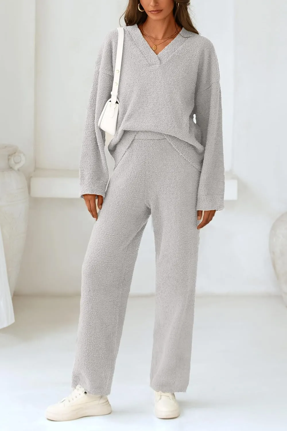 PRETTYGARDEN Women's 2 Piece Pullover Sweater Set Oversized V Neck Top Wide Leg Pants Fall Winter Fuzzy Lounge Outfit