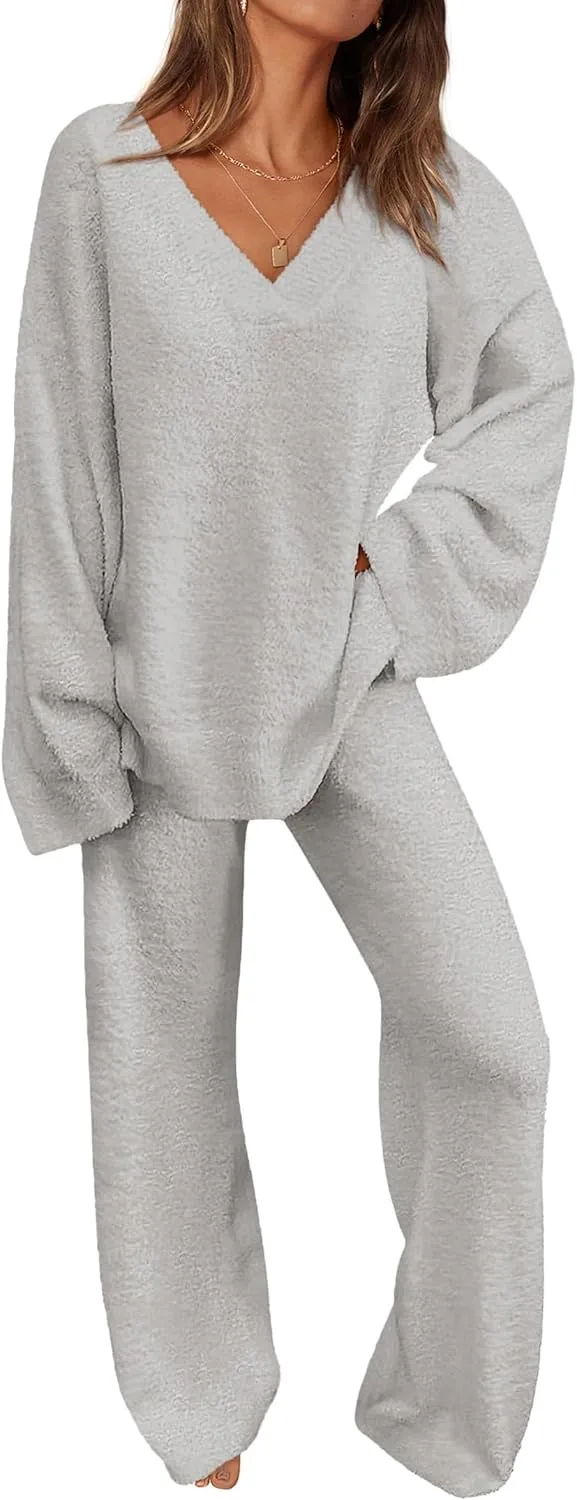 PRETTYGARDEN Women's 2 Piece Pullover Sweater Set Oversized V Neck Top Wide Leg Pants Fall Winter Fuzzy Lounge Outfit