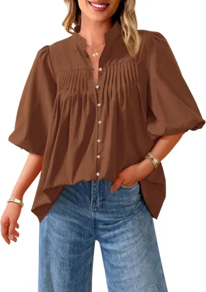 PRETTYGARDEN Women's 2025 Summer Short Lantern Sleeve Tops Loose Fit Button Down Shirt Casual Pleated V Neck Blouses