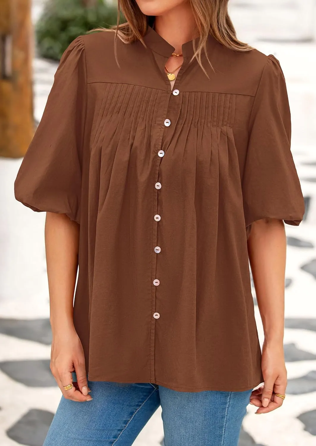 PRETTYGARDEN Women's 2025 Summer Short Lantern Sleeve Tops Loose Fit Button Down Shirt Casual Pleated V Neck Blouses