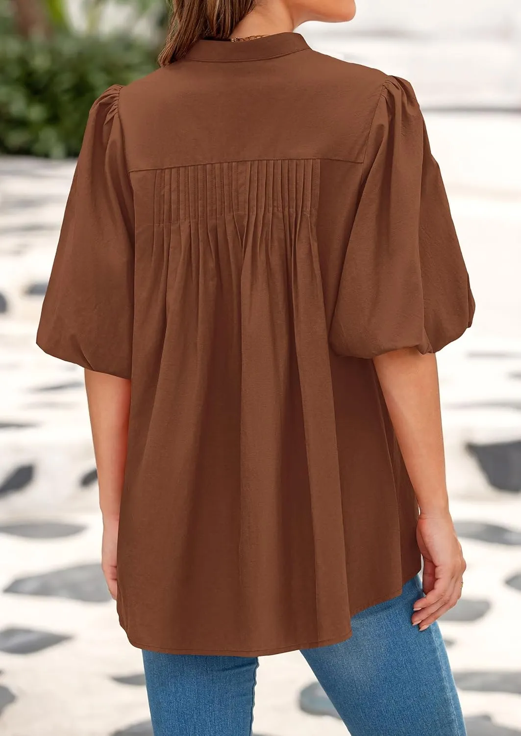 PRETTYGARDEN Women's 2025 Summer Short Lantern Sleeve Tops Loose Fit Button Down Shirt Casual Pleated V Neck Blouses