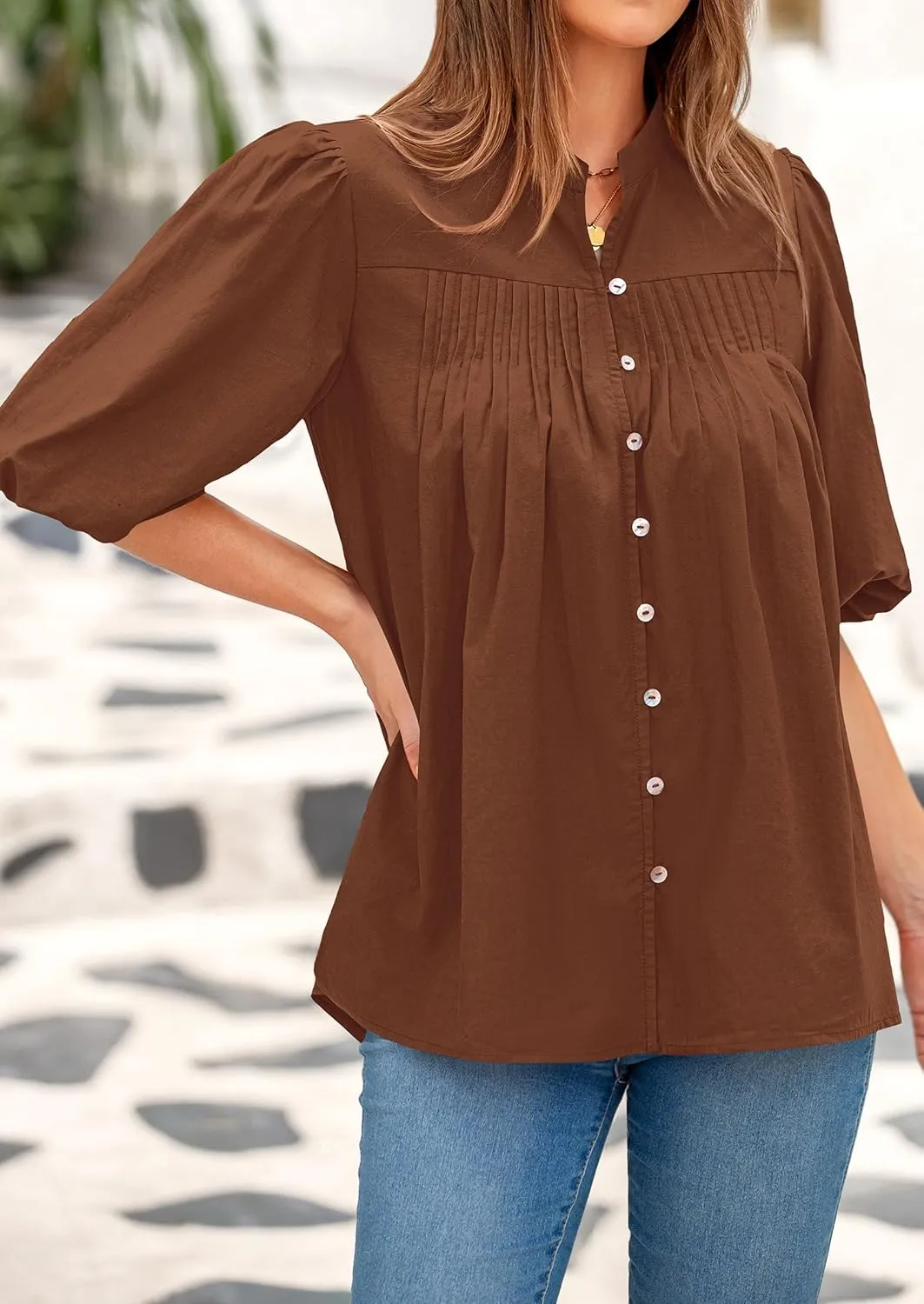 PRETTYGARDEN Women's 2025 Summer Short Lantern Sleeve Tops Loose Fit Button Down Shirt Casual Pleated V Neck Blouses