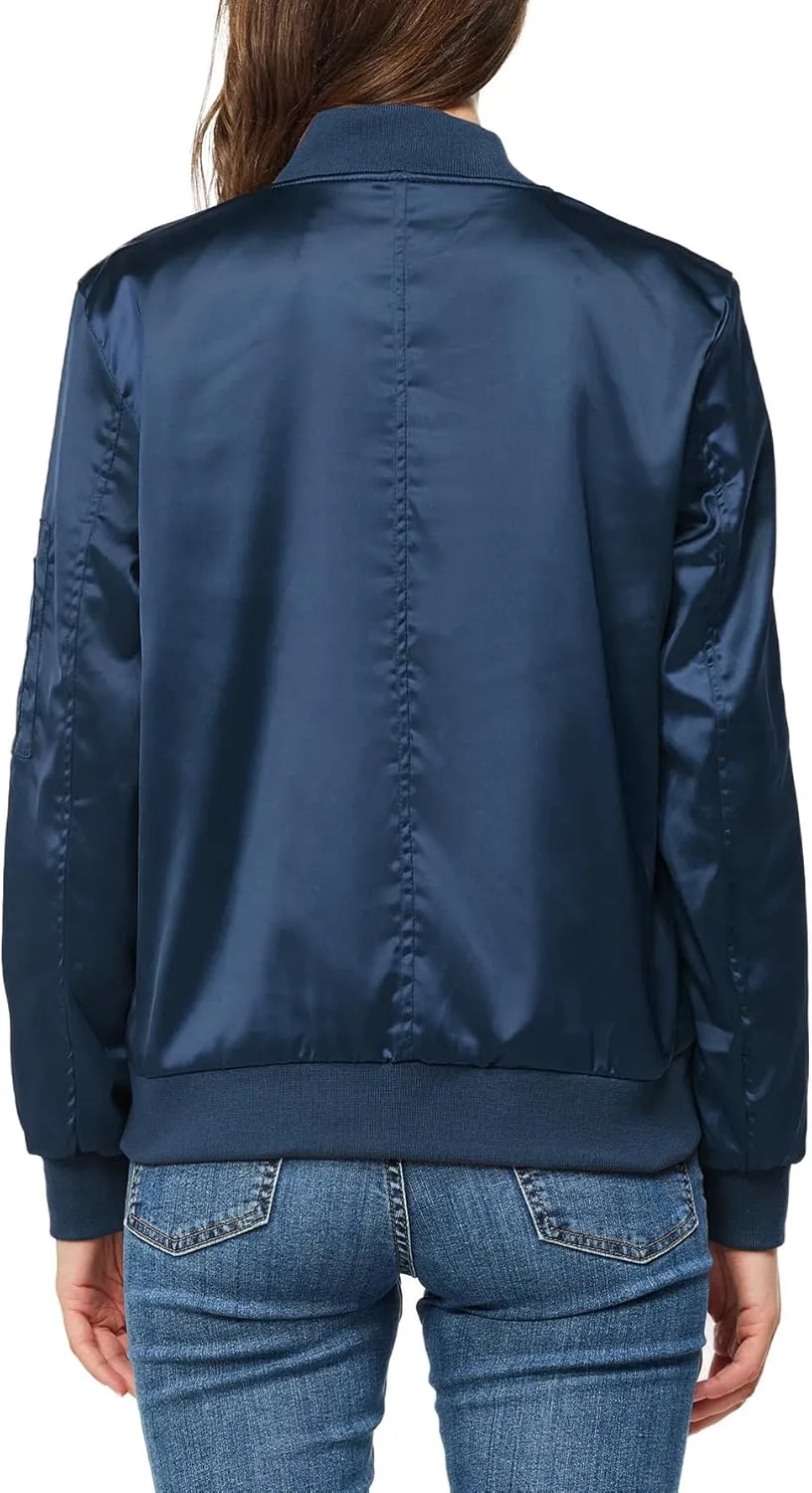 Rasujie Satin Bomber Jacket Women Zip Up Varsity Jacket Fall Windbreaker Outerwear with Pockets