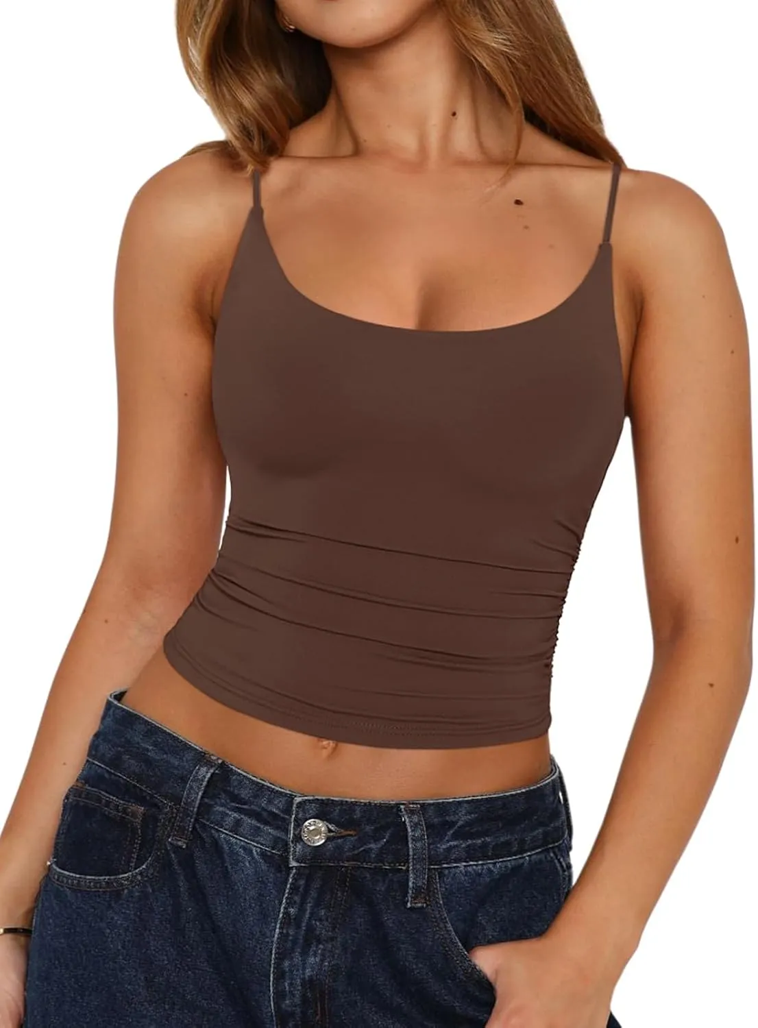 REORIA Women's Sexy Scoop Neck Tank Top Summer Sleeveless Cute Y2K Cami Tops Basic Going Out Crop Shirt
