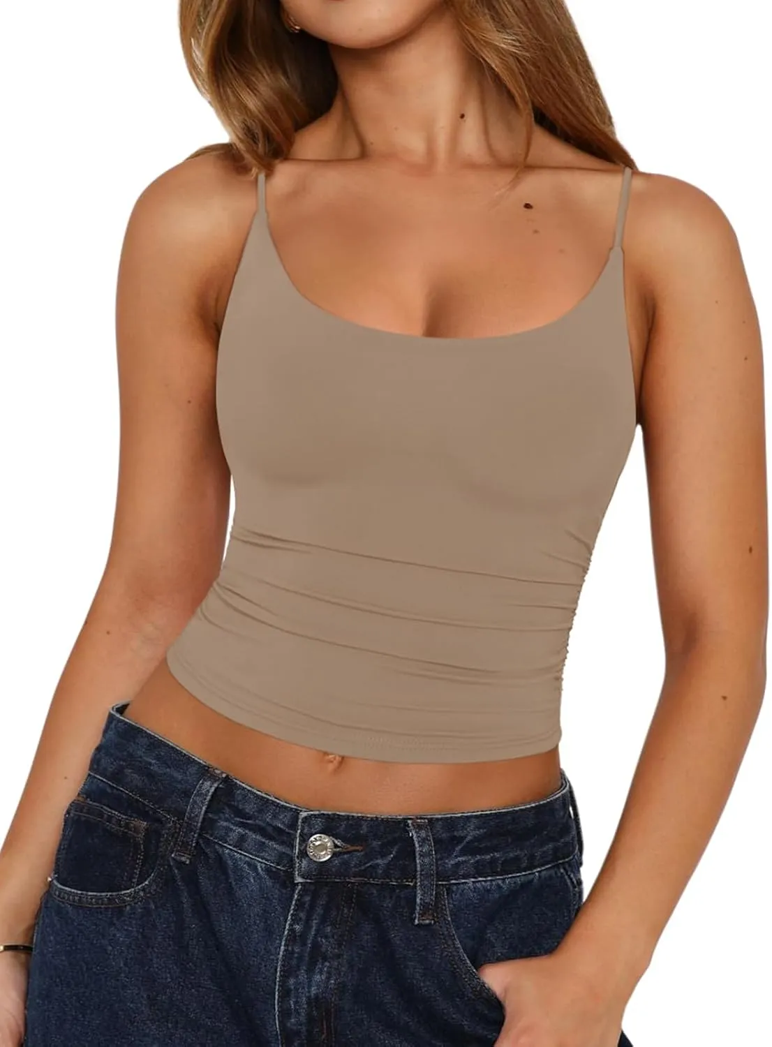 REORIA Women's Sexy Scoop Neck Tank Top Summer Sleeveless Cute Y2K Cami Tops Basic Going Out Crop Shirt