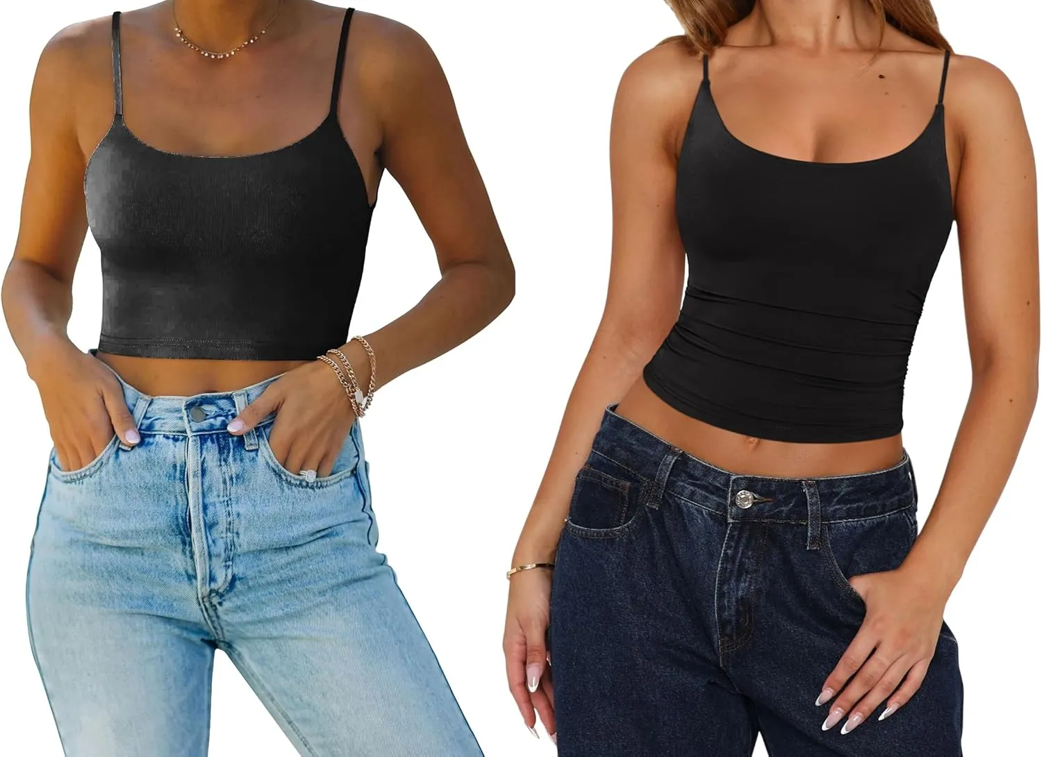 REORIA Women's Summer Basic Sleeveless Adjustable Spaghetti Strap Cami Camisole Fitted Seamless Yoga Cropped Tank Cute Crop Tops for Teen Girls Black Small