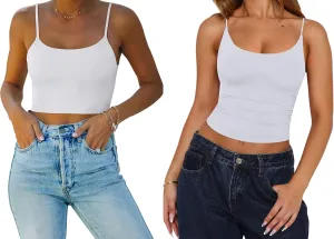 REORIA Women's Summer Sexy Sleeveless Adjustable Spaghetti Strap Cami Camisole Basic Fitted Seamless Yoga Cropped Tank Cute Crop Tops White Medium
