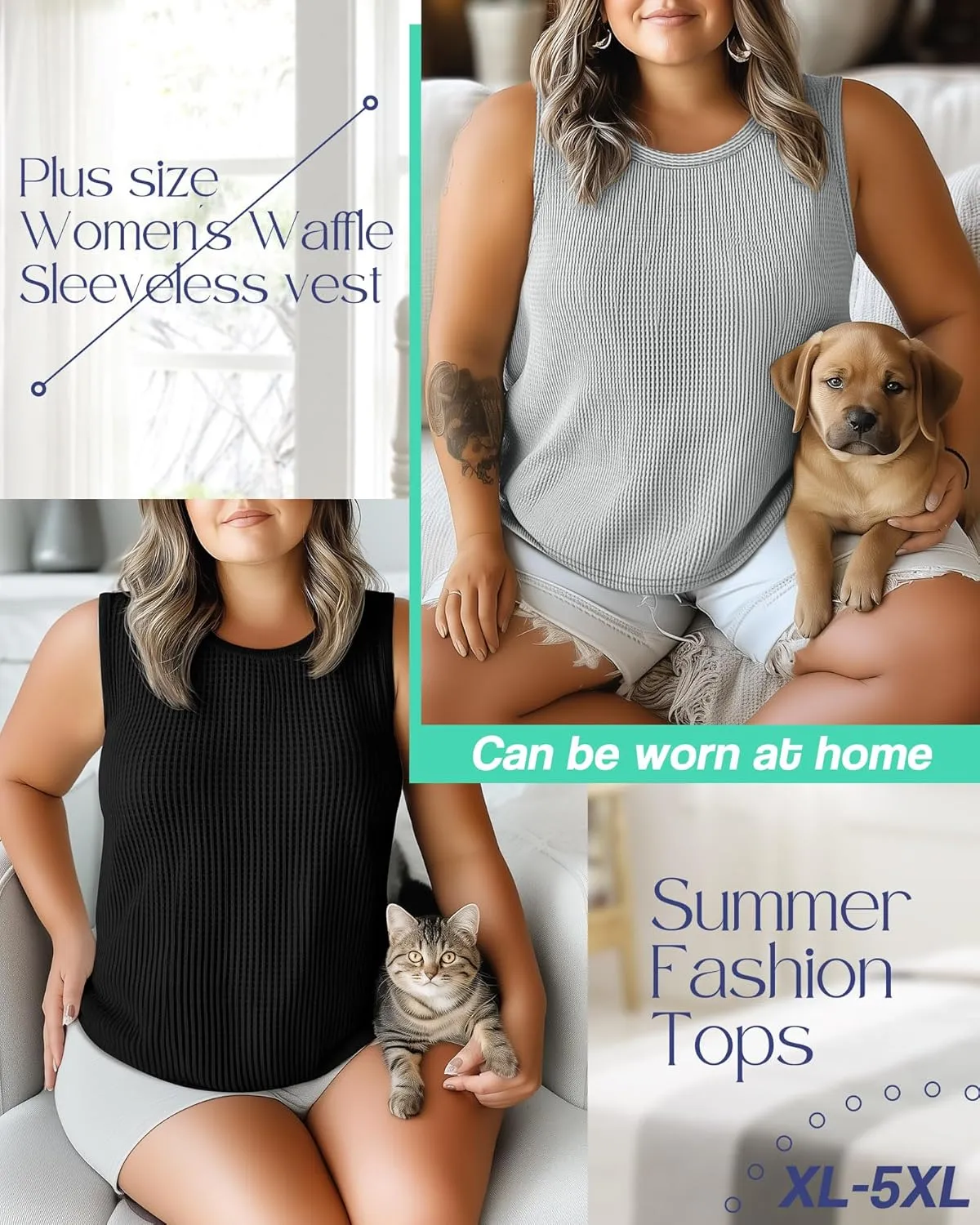 Riyiper 3 Pack Women's Plus Size Tank Tops, Waffle Knit Crew Neck Sleeveless Shirts Summer Casual Loose Curved Hem Tunic Tops