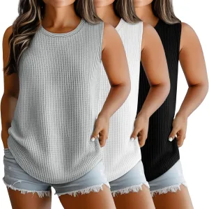 Riyiper 3 Pack Women's Plus Size Tank Tops, Waffle Knit Crew Neck Sleeveless Shirts Summer Casual Loose Curved Hem Tunic Tops