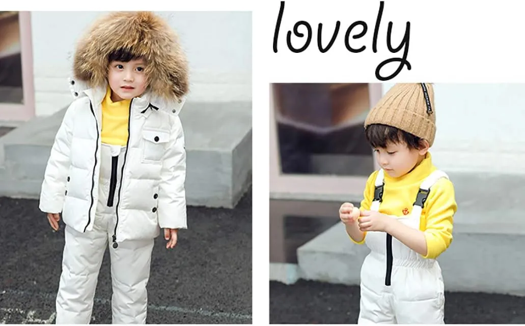 SANMIO Baby Boys Girls Two Piece Snowsuit, Toddler Winter Hooded Puffer Down Jacket Coat with Ski Bib