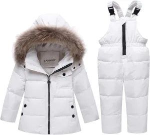 SANMIO Baby Boys Girls Two Piece Snowsuit, Toddler Winter Hooded Puffer Down Jacket Coat with Ski Bib