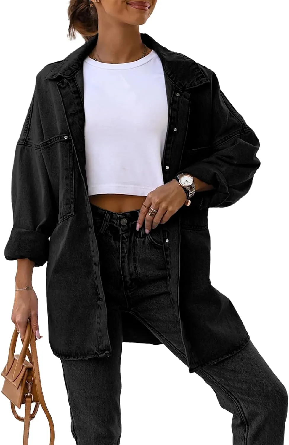 Saodimallsu Women's Oversized Denim Jackets Casual Button Down Long Boyfriend Jean Coats with Pockets
