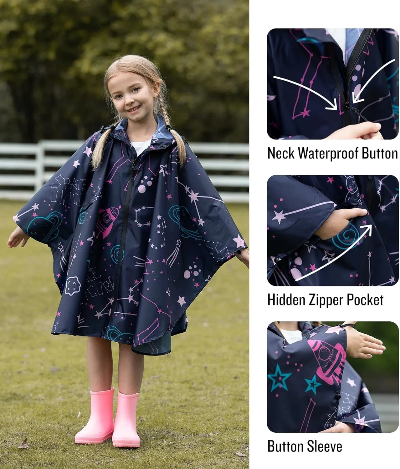 SaphiRose Lightweight Kids Rain Poncho Waterproof Jacket Zipper Up Rain Coat