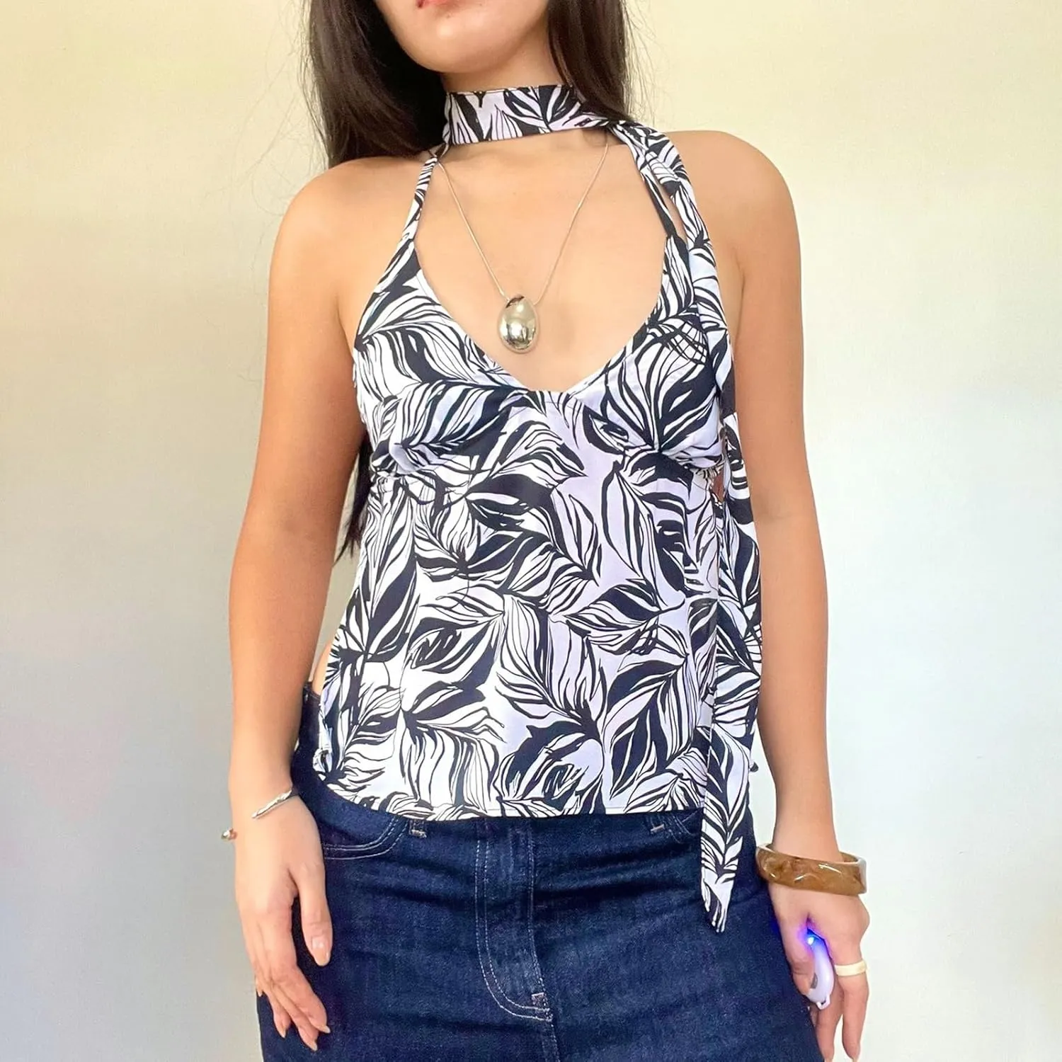 Sexy Backless Tops for Women Y2K Polka Dot Print Deep V Neck Halter Tie Back Camisole Spaghetti Strap Going Out Tops