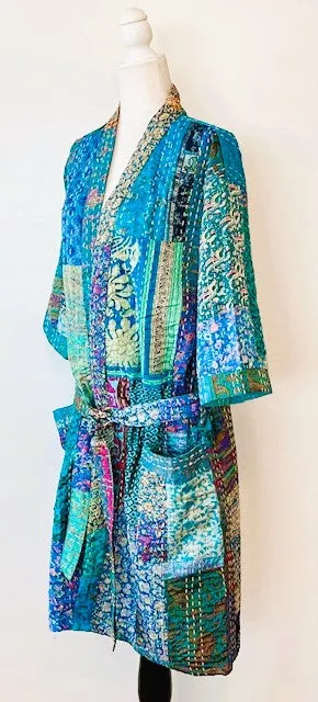Short Patchwork Cotton and Silk Kimono With Kantha Embroidery Celebrates The Sea (blue)