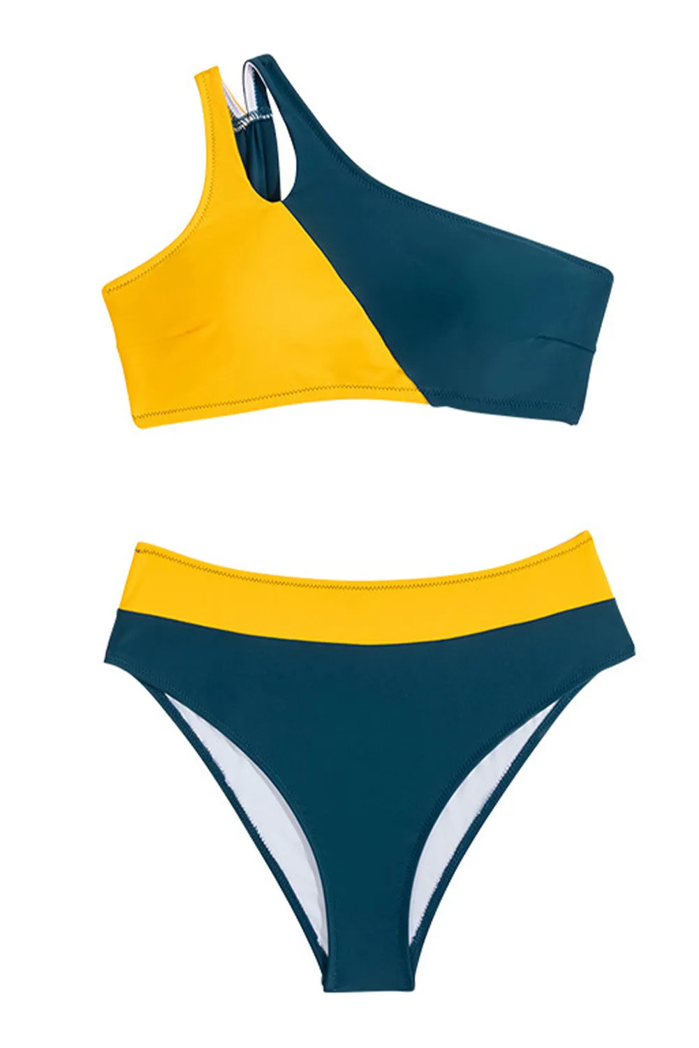 Skobeloff Color Block One Shoulder High Waist Bikini Swimsuit