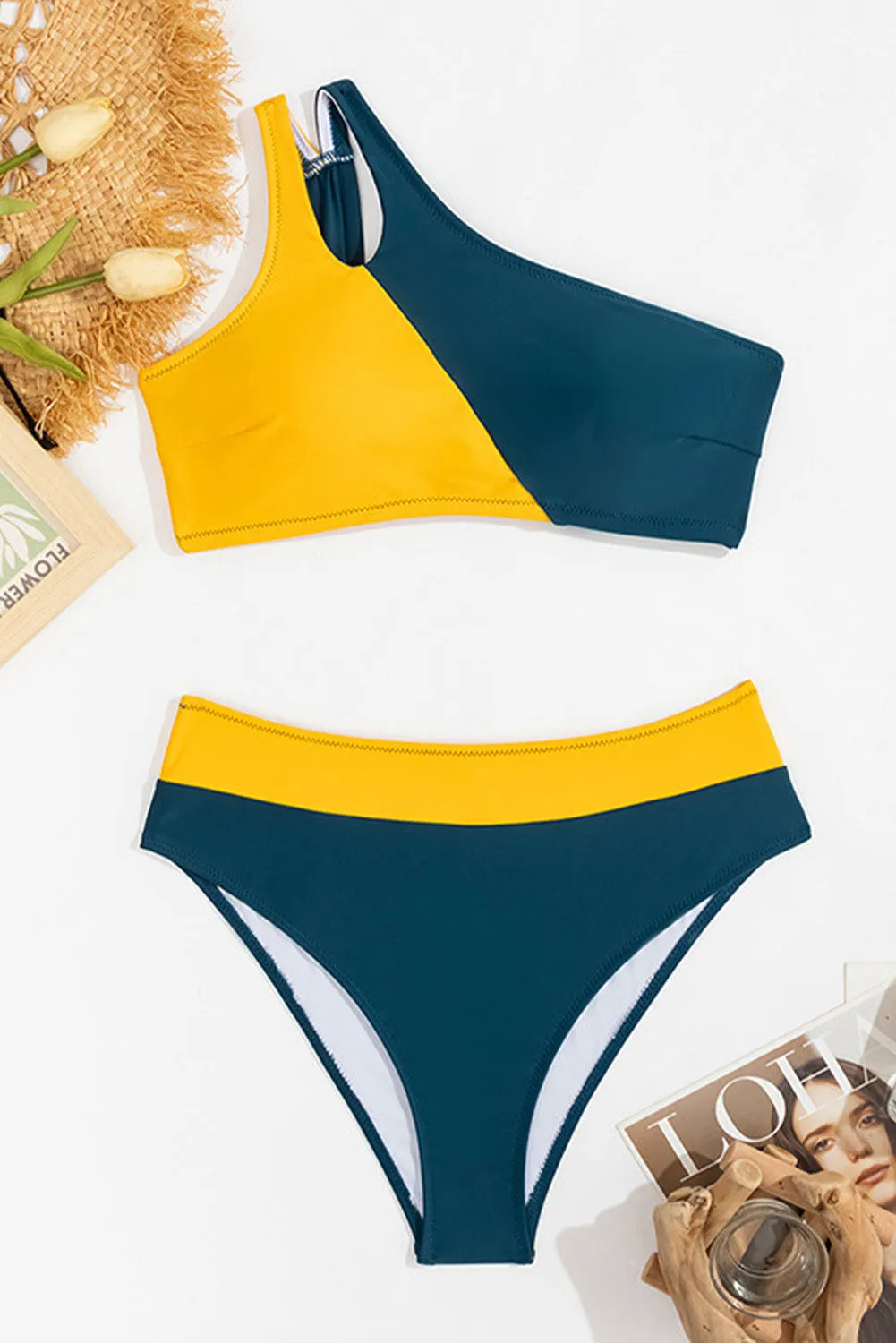 Skobeloff Color Block One Shoulder High Waist Bikini Swimsuit