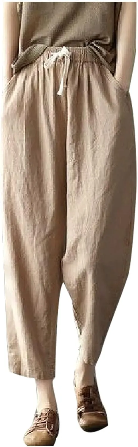 SMIDOW Cotton Linen Cropped Pants for Women Casual Straight Leg Drawstring Elastic Waist Capris Loose Lounge Trousers