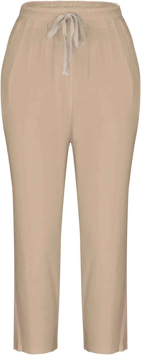SMIDOW Cotton Linen Cropped Pants for Women Casual Straight Leg Drawstring Elastic Waist Capris Loose Lounge Trousers