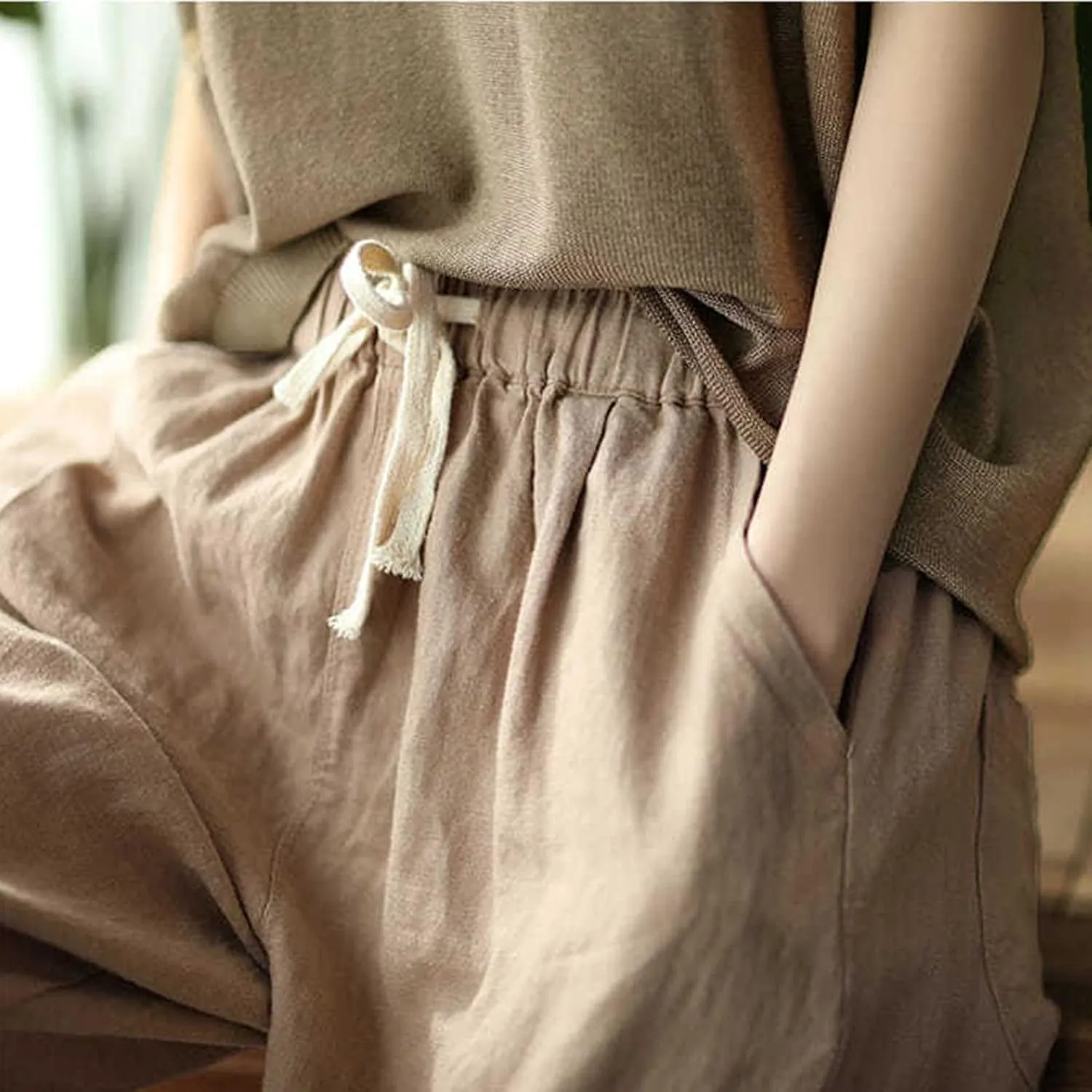 SMIDOW Cotton Linen Cropped Pants for Women Casual Straight Leg Drawstring Elastic Waist Capris Loose Lounge Trousers