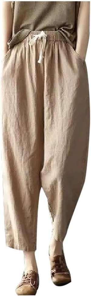 SMIDOW Cotton Linen Cropped Pants for Women Casual Straight Leg Drawstring Elastic Waist Capris Loose Lounge Trousers