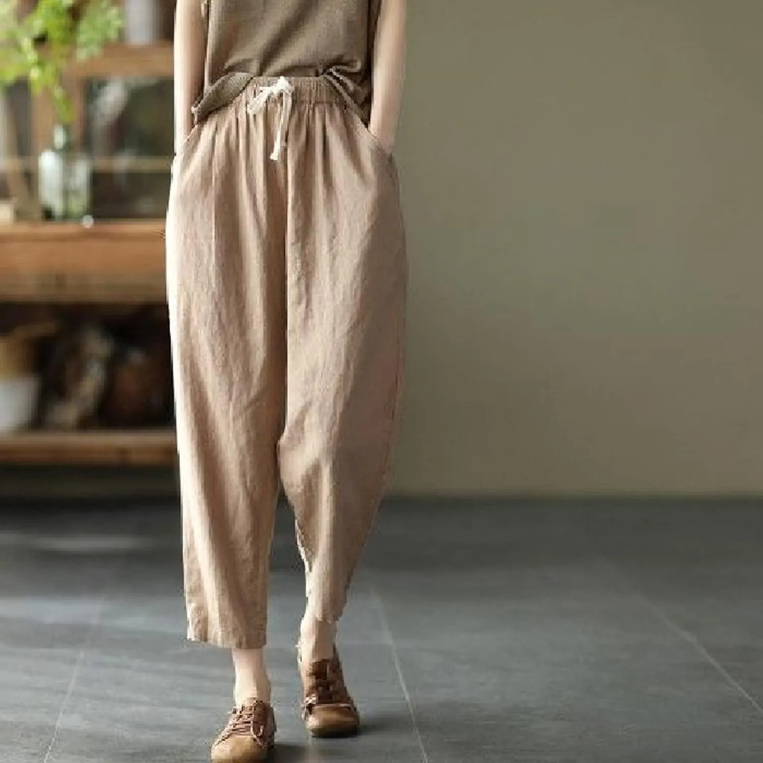 SMIDOW Cotton Linen Cropped Pants for Women Casual Straight Leg Drawstring Elastic Waist Capris Loose Lounge Trousers