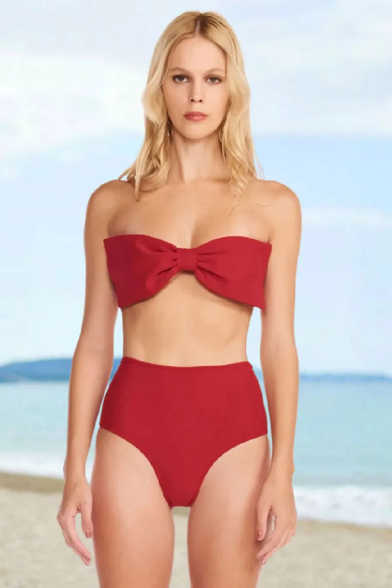 Solid Color Bow Decor Strapless Girly High Waist Bikini