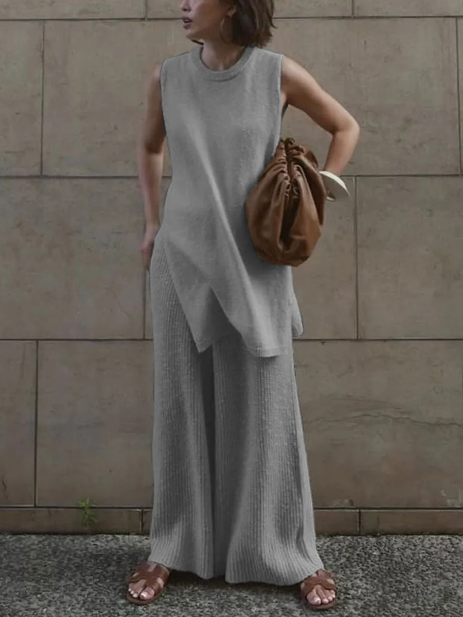 Solid Color Knitted Sleeveless Suit