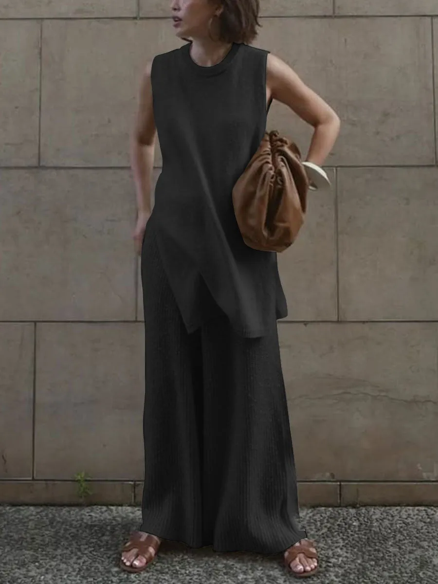 Solid Color Knitted Sleeveless Suit