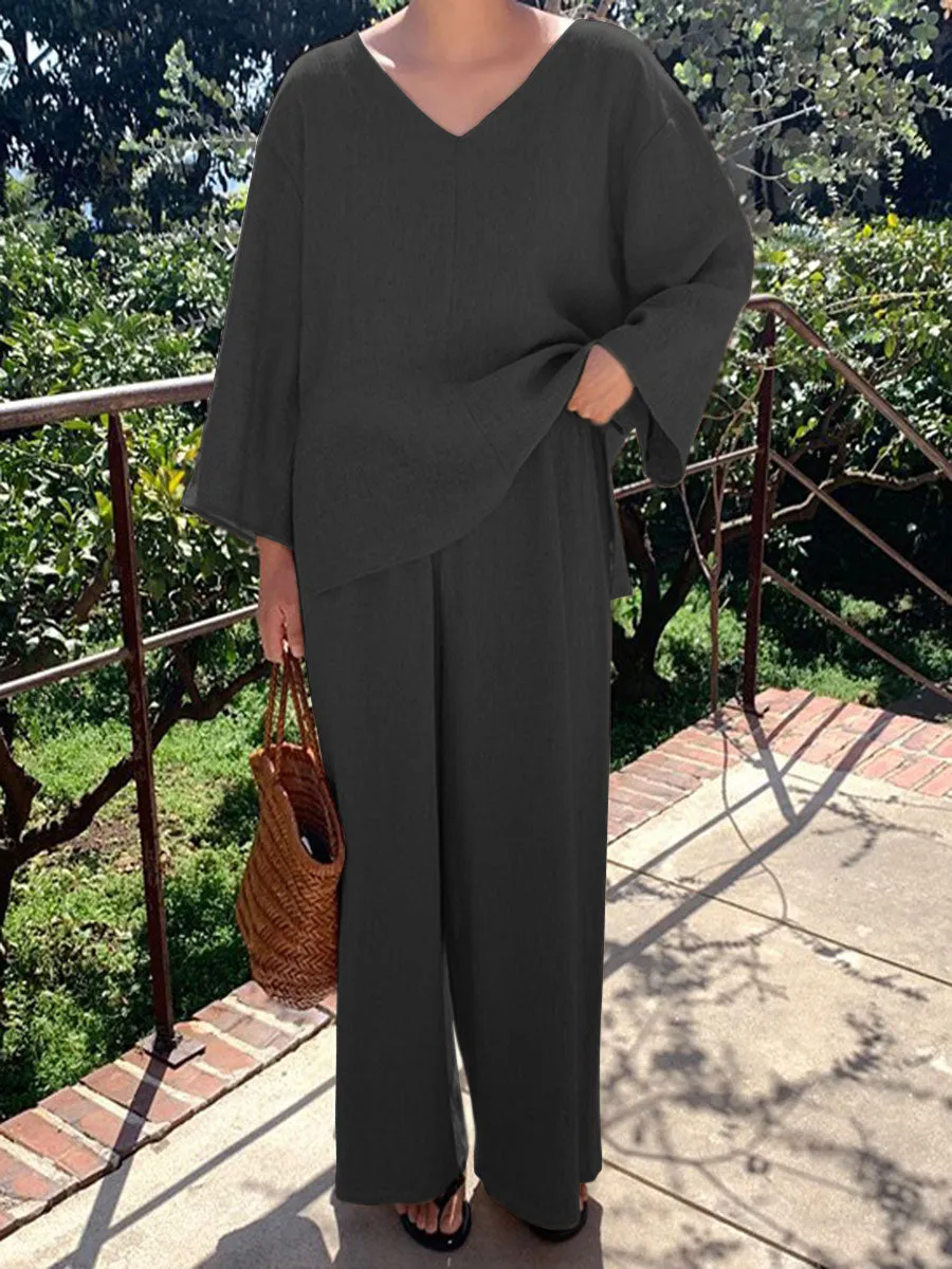 Solid Color V-Neck Long Sleeve Casual Suit