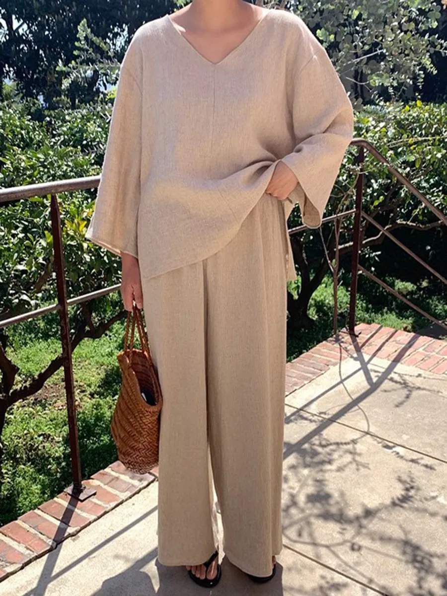 Solid Color V-Neck Long Sleeve Casual Suit