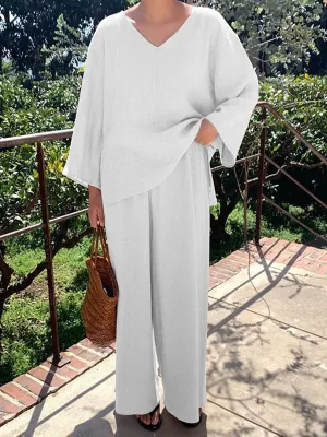 Solid Color V-Neck Long Sleeve Casual Suit