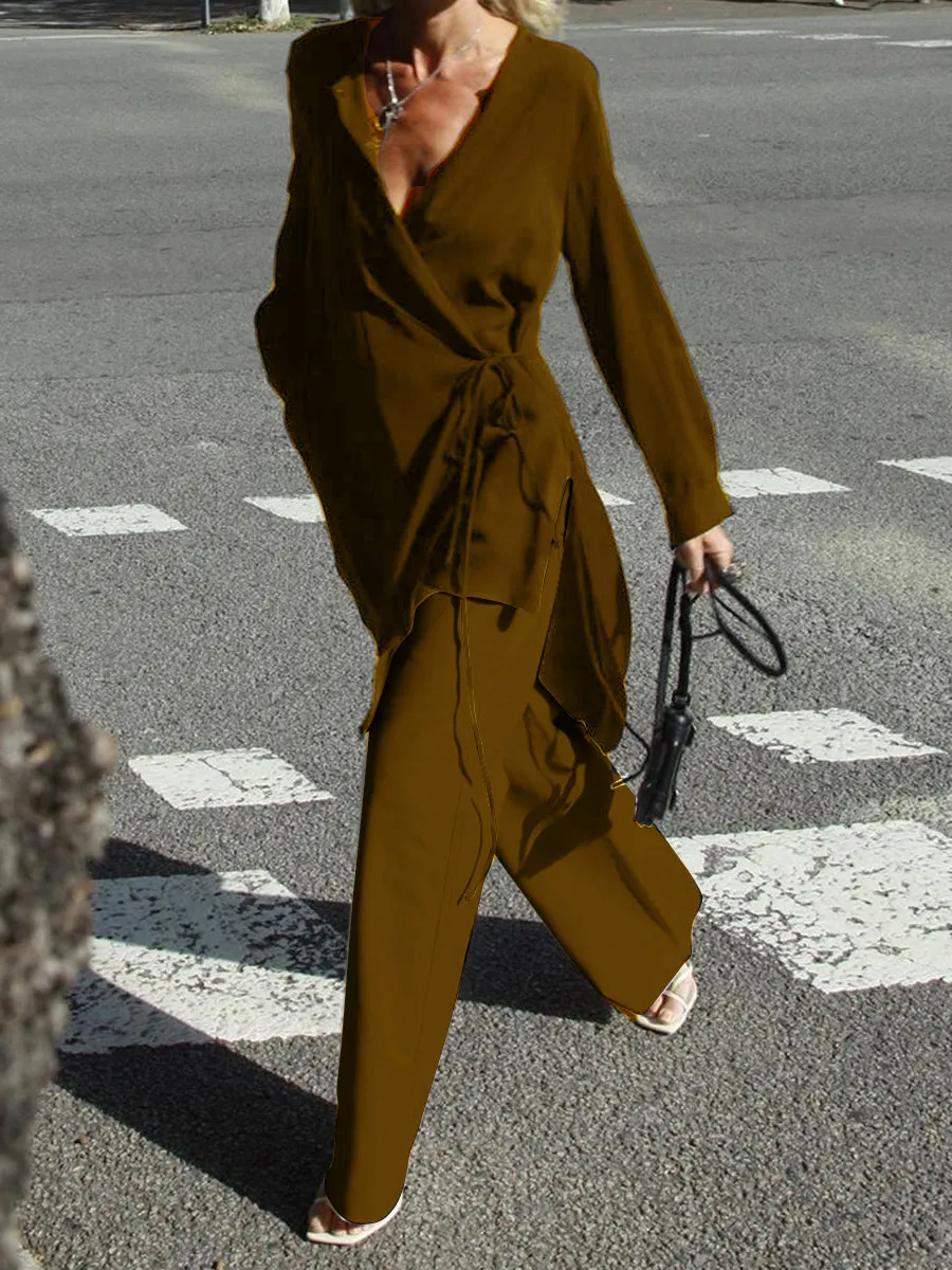 Solid Color V-Neck Tie Suit