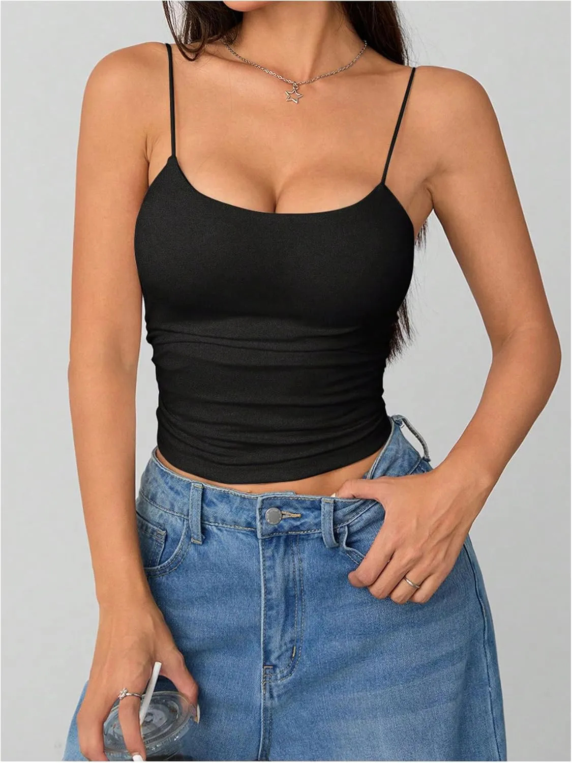 SOLY HUX Women's Spaghetti Strap Cami Tops Ruched Sleeveless Tight Fitted Camisoles Padded Crop Top