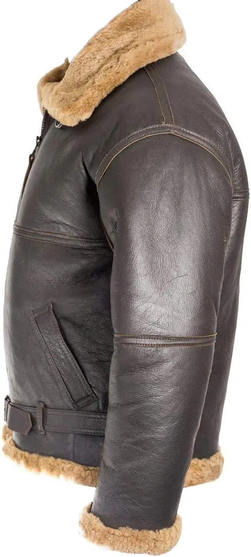 SpazeUp Mens Sheepskin Leather Jacket - Faux Shearling Brown Real Leather Bomber Jackets for Men