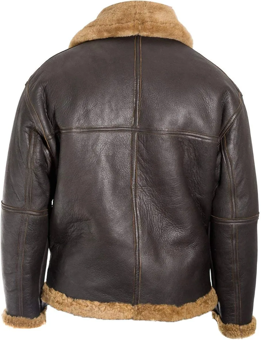 SpazeUp Mens Sheepskin Leather Jacket - Faux Shearling Brown Real Leather Bomber Jackets for Men