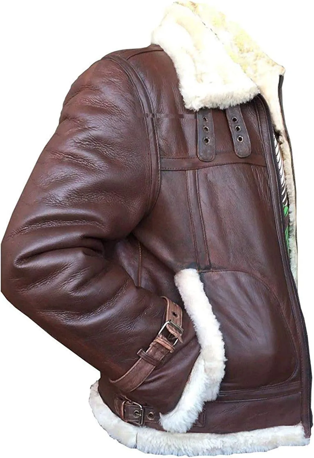 SpazeUp Mens Sheepskin Leather Jacket - Faux Shearling Brown Real Leather Bomber Jackets for Men