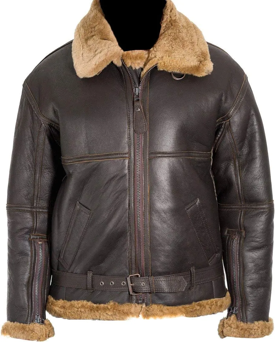 SpazeUp Mens Sheepskin Leather Jacket - Faux Shearling Brown Real Leather Bomber Jackets for Men