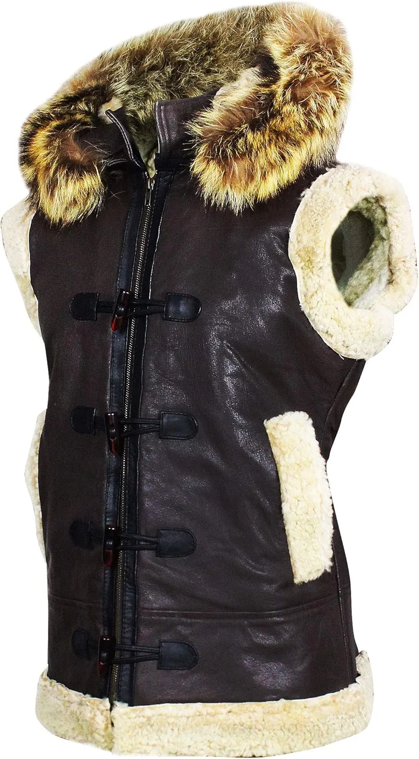 SpazeUp Mens Sheepskin Leather Jacket - Faux Shearling Brown Real Leather Bomber Jackets for Men